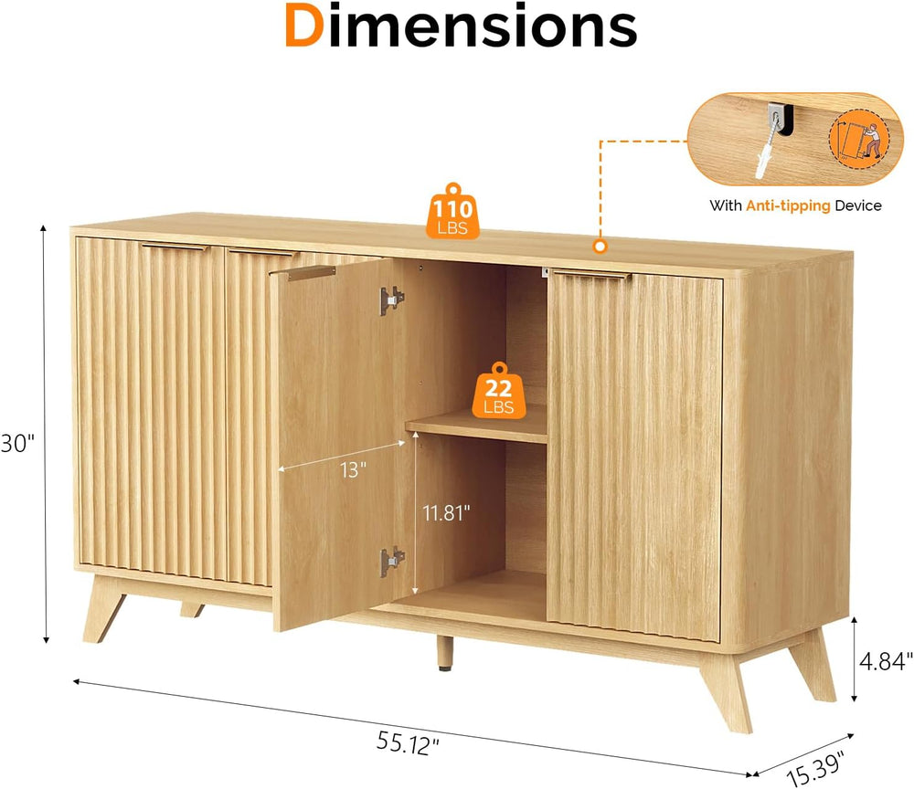 VINGLI 55" Buffet Cabinet with Storage, Fluted 4 Doors Sideboard Cabinet...