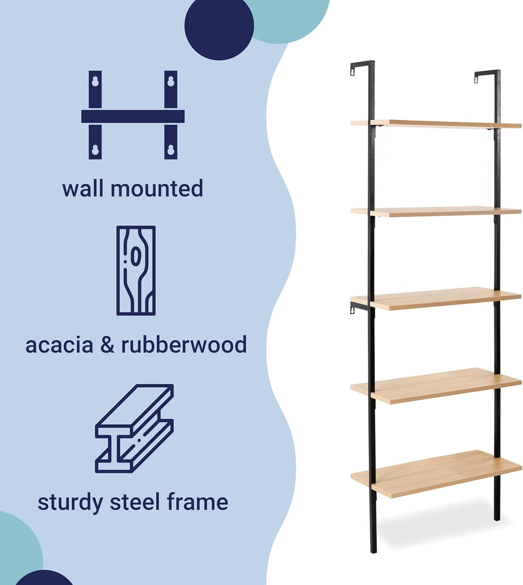 happimess MSH1001B Madera 72.05" Classic Industrial 5-Shelf Wood Wall-Mounted Open Ladder Bookcase with Metal Frame, Light Oak/Black