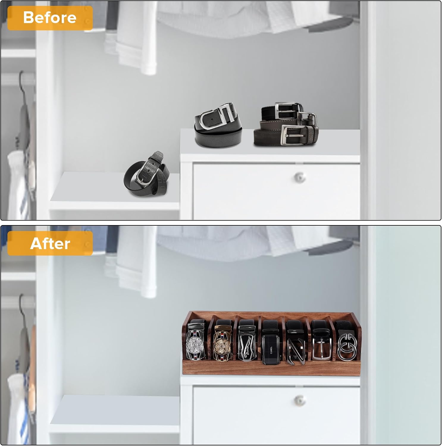 Belt organizer, 7 compartment belt holder belt hanger closet and belt organizer for drawer,belt rack, belt storage organizer, belt hangers for men and women (Acacia wood)