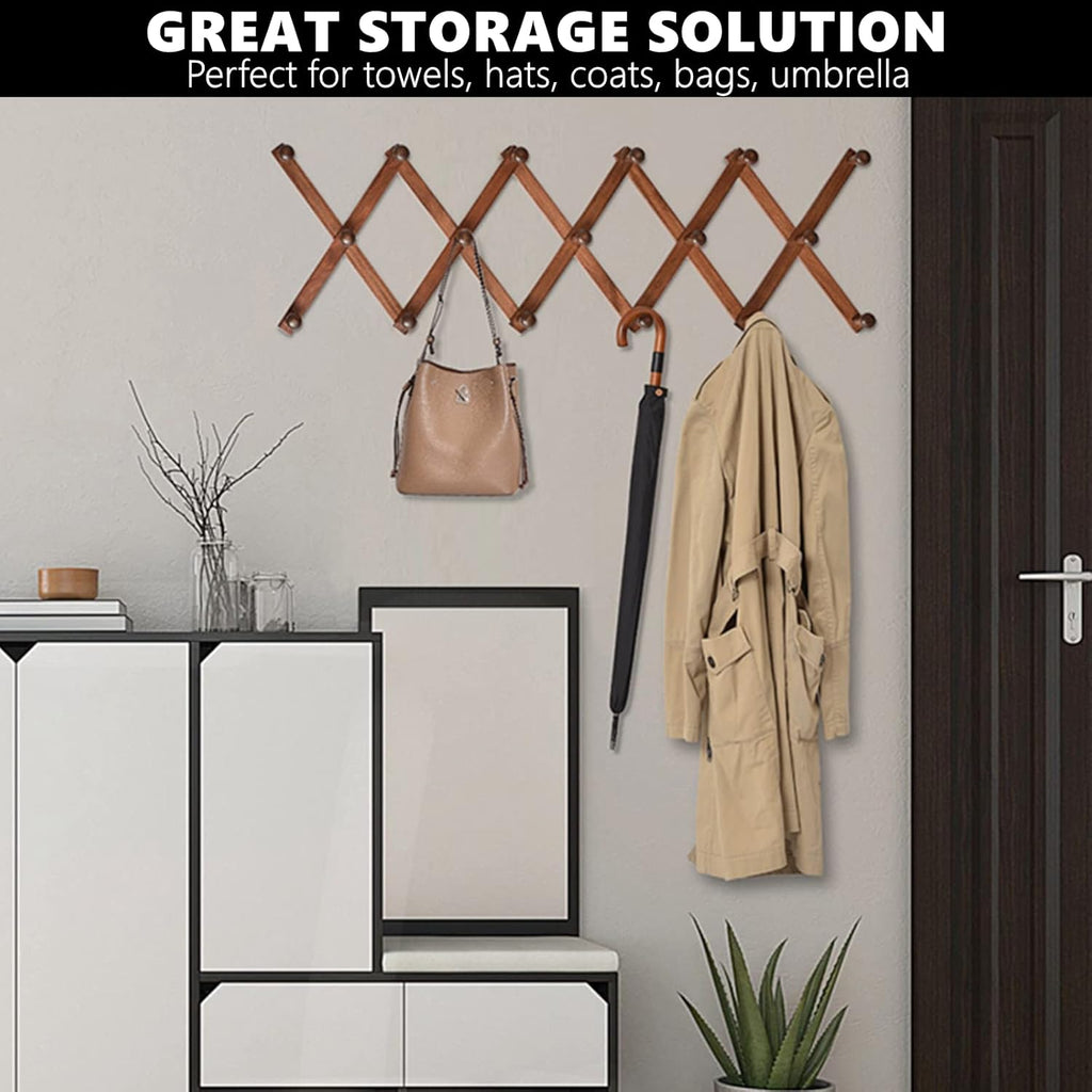 Amber Home Wood Accordion Wall Rack 17 Hooks (Pegs), Expandable Wall Mounted Hanger for Coat, Hat, Scarf, Coffee Mugs, X Shape Coat Hooks (Antique Retro Color)
