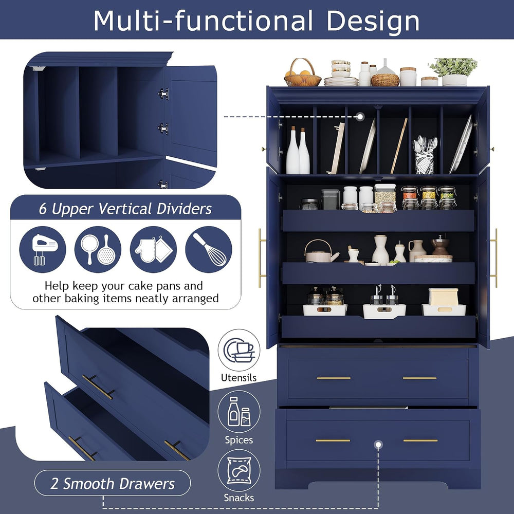 72.6" Farmhouse Kitchen Pantry Cabinet with 3 Pull-Out Trays, Freestandi...