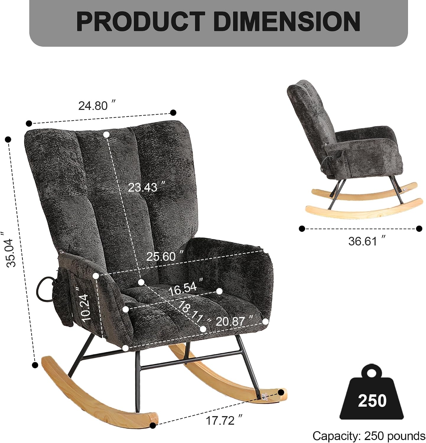 Rocking Chair Nursery with Airbag, Comfy Modern Nursery Rocking Reading Chair Indoor, Cozy Upholstered Glider Rocker Chairs with High Backrest for Living Room Bedroom Offices(Chenille, Black)
