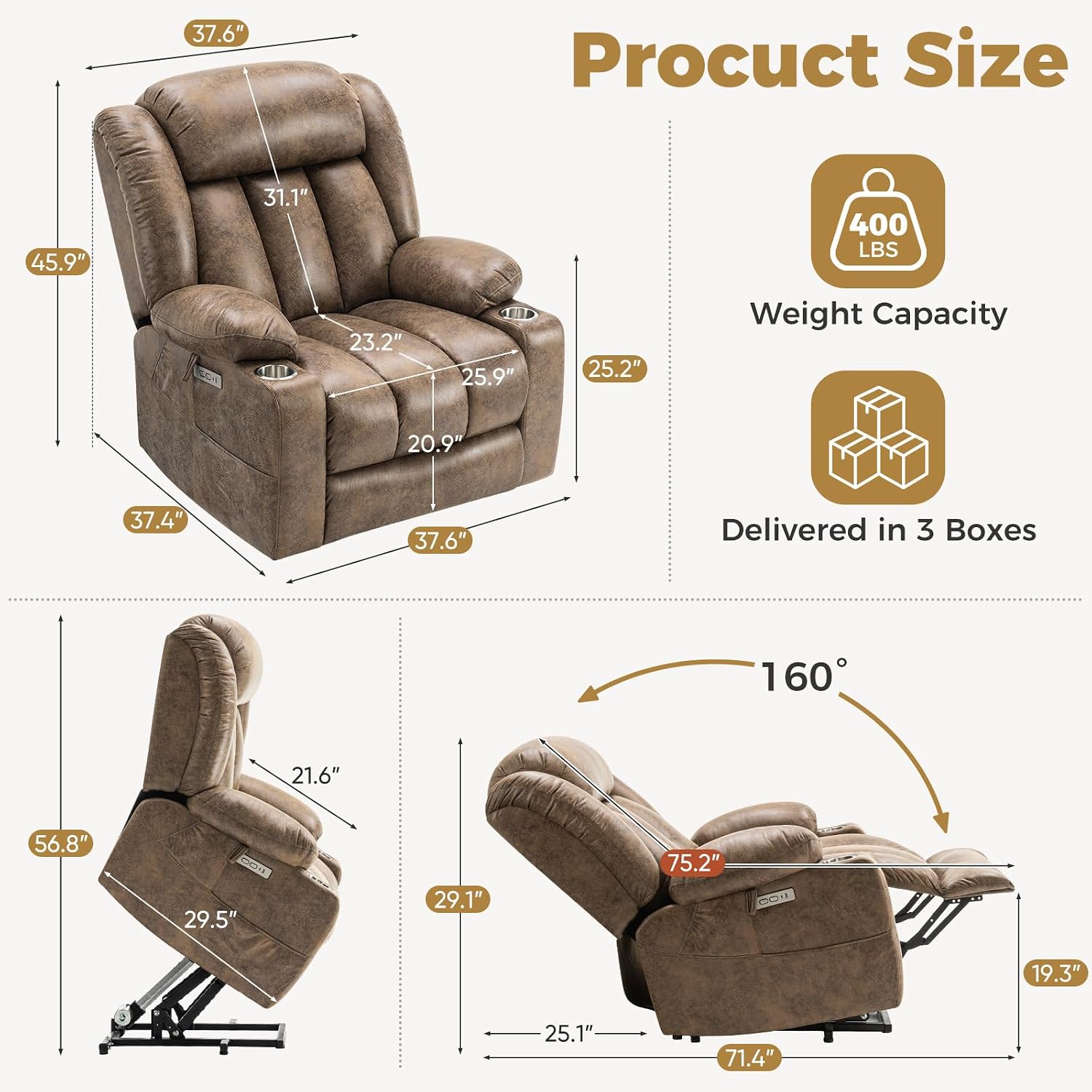 Oversized Power Lift Recliner Chair, Big and Tall, Light Brown | Lift Chairs with Massage and Heating, Breathable Faux Leather with Metal Cup Holders, USB A&C Ports