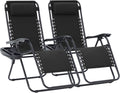 JEAREY Zero Gravity Lounge Chairs Set of 2, Adjustable Steel Mesh Recliners with Pillows and Cup Holder Trays for Patio, Garden, Beach, Black