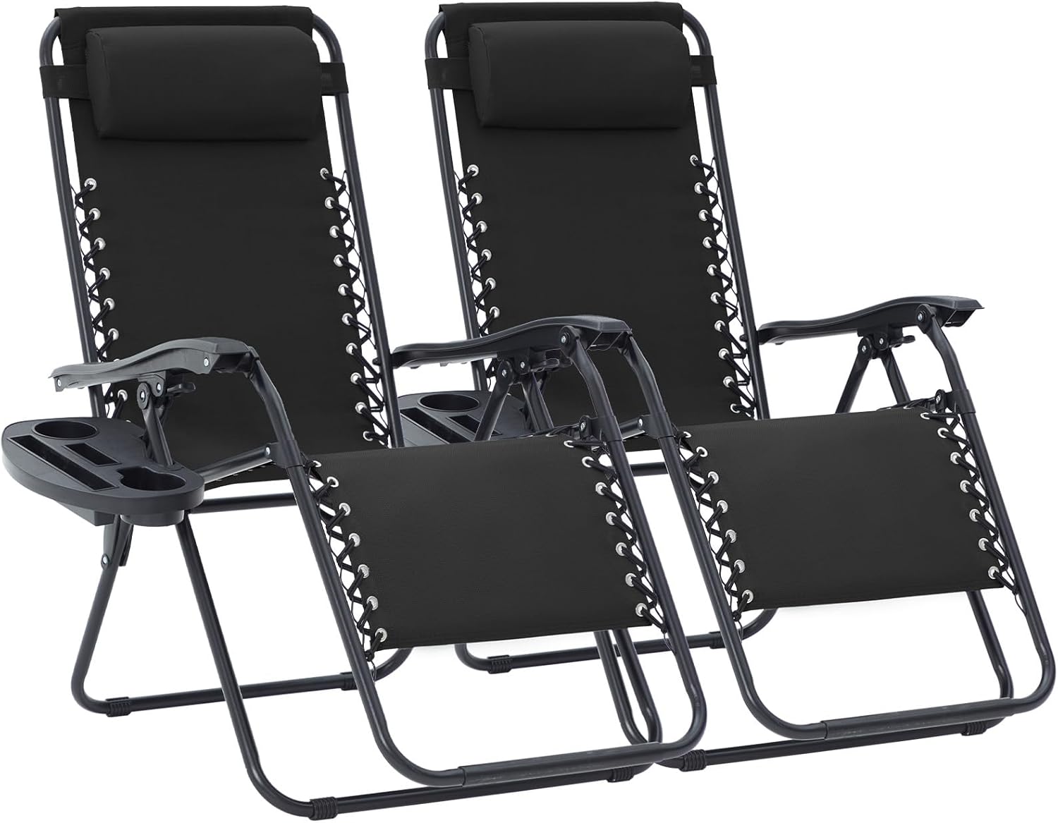 JEAREY Zero Gravity Lounge Chairs Set of 2, Adjustable Steel Mesh Recliners with Pillows and Cup Holder Trays for Patio, Garden, Beach, Black