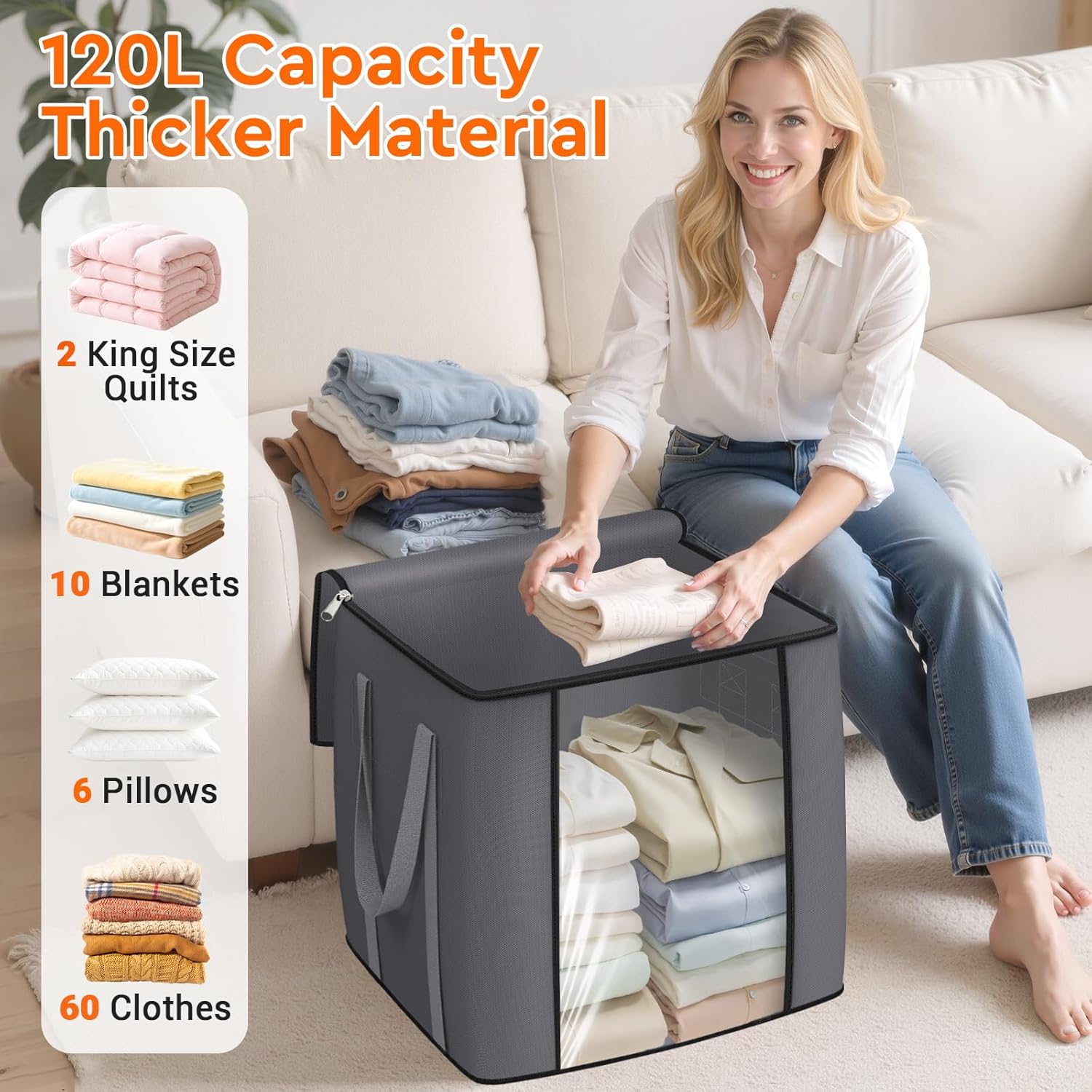 120L Extra Large Clothes Storage Bags, Foldable Blanket Storage and Organization, Thick Fabric Containers with Reinforced Handles & Zippers for Clothing, Comforters, Bedding, Gray, 4 Pack
