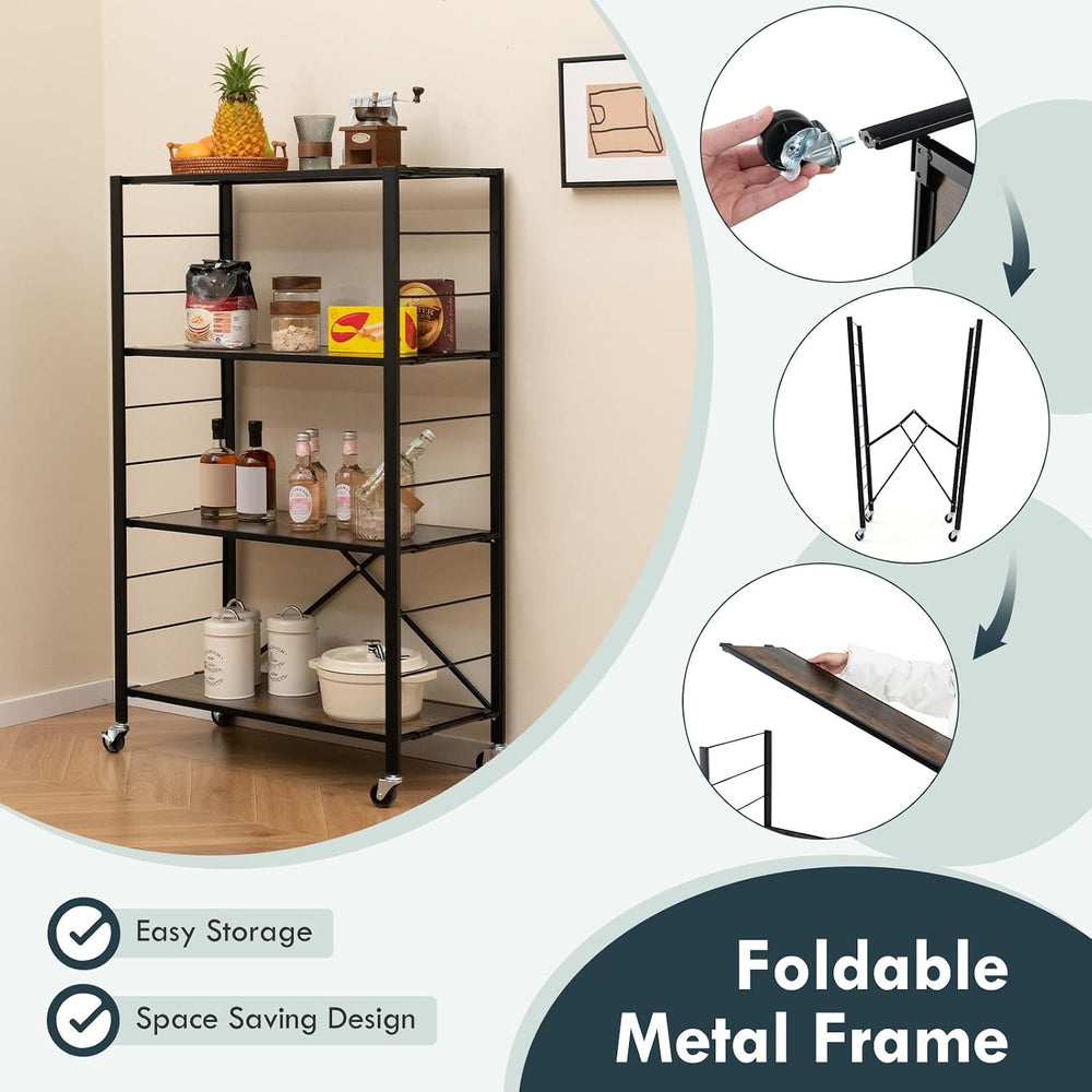 GIANTEX 4-Tier Folding Storage Shelf, Collapsible Shelving Unit w/Lockable Wh...