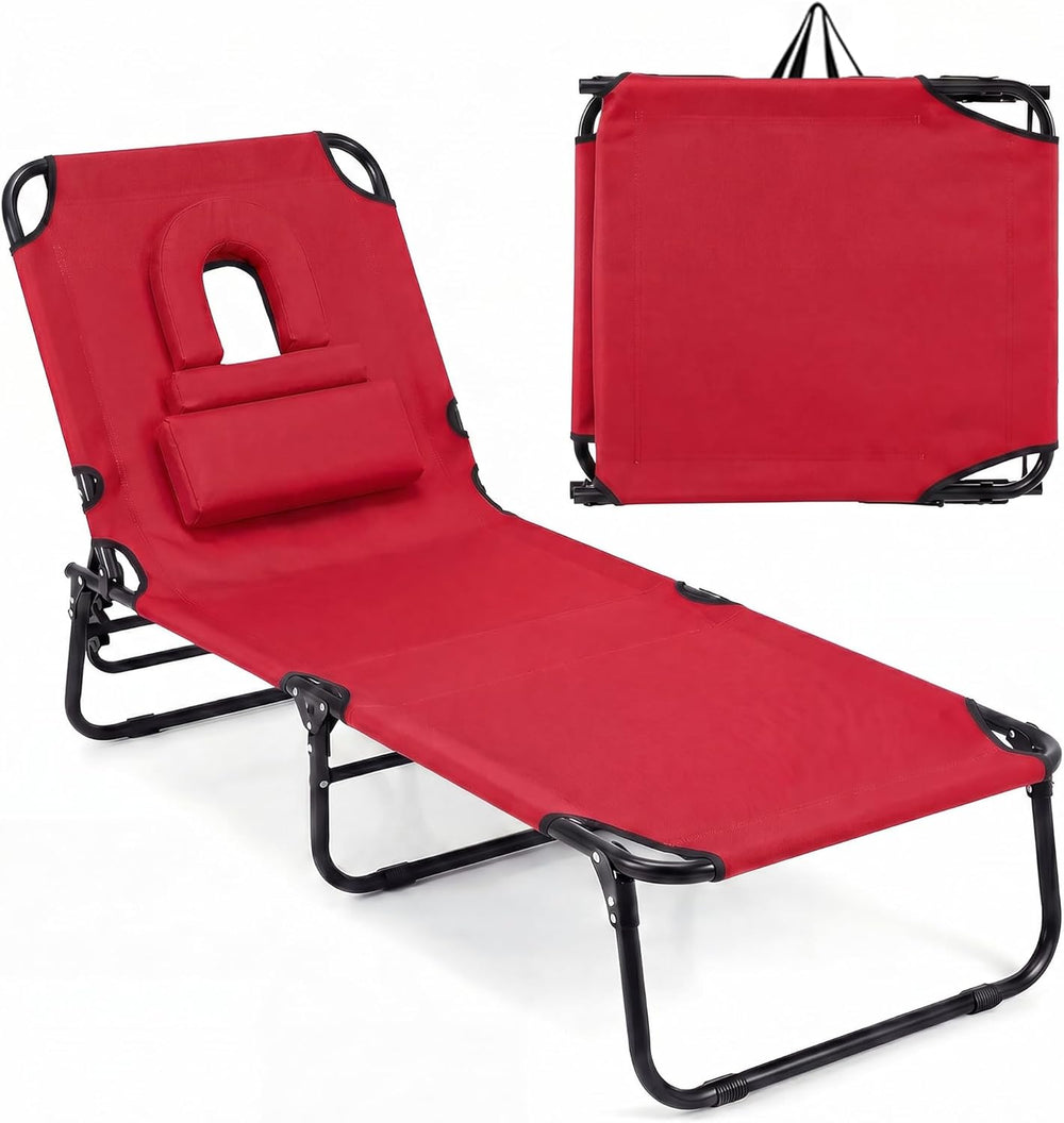 Goplus Tanning Chair, Folding Beach Lounge Chair with Face Hole, Removable Pi...