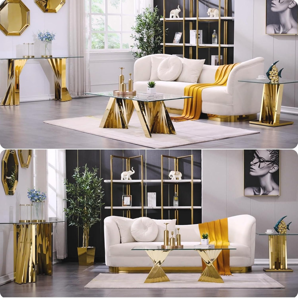 60" Gold Console Table, Entryway Table with Clear Tempered Glass | Moder...
