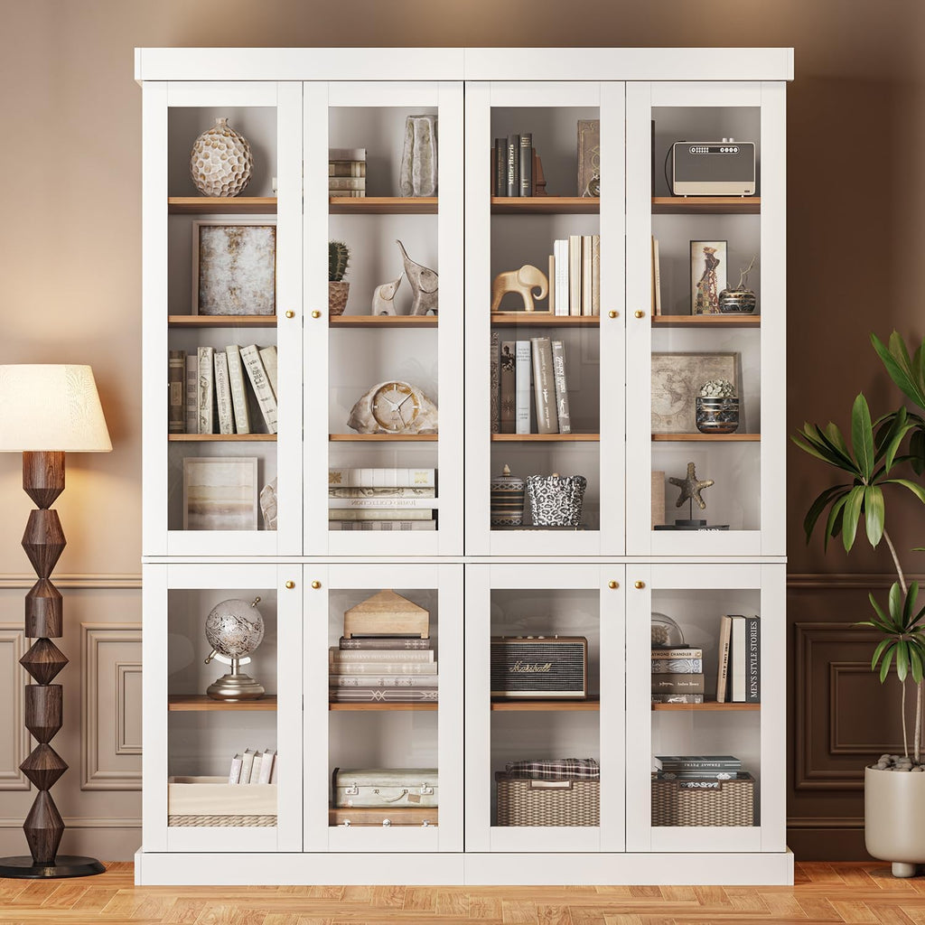 ivaniti 70.8" Tall Farmhouse Kitchen Pantry Cabinet with Glass Doors, Modular Storage Cabinet with 6-Tier Adjustable Shelves, White, Wooden Hutch for Kitchen, Living Room, Set of 2