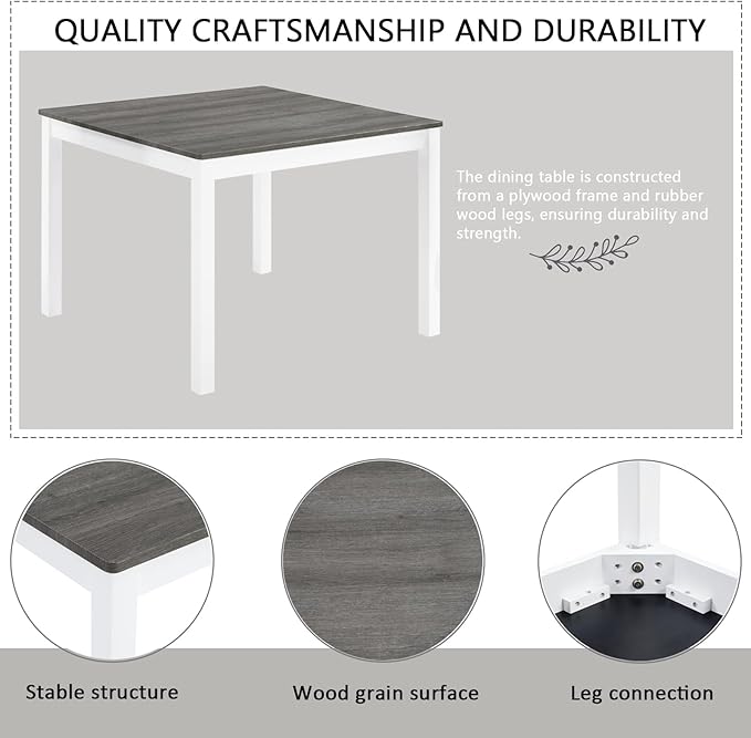 KEIKI 5-Piece Standard Height Dining Table Set with Square Table and 4 Upholstered Curved Backrset Chair, for 4 Person, Modern Wooden Table Set, Easy Assembly, for Kitchen, Dining Room, White+Gray