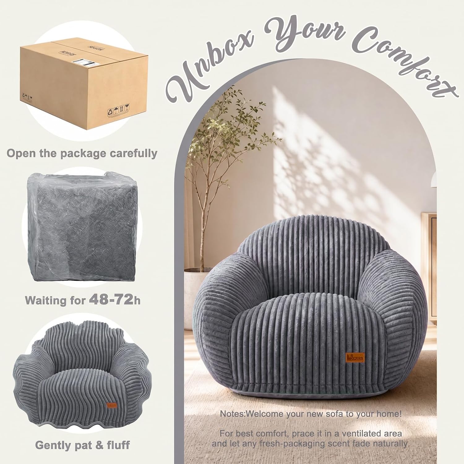 Bean Bag Chair with Armrests, Comfy Corduroy Bean Bag with Removable Cover, Handle for Adults, Oversized Floor Beanbag Couch for Living Room Bedroom Dorm (XL-Gray)