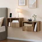 Floating Nightstand with Charging Station - Rustic Brown Wall Mounted Modern Fluted Bedside Table with Drawer, USB Ports & Outlets (Set of 2)