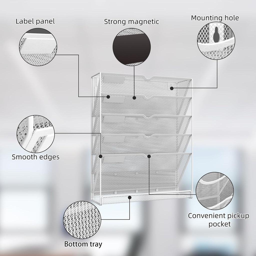 6 Tier Magnetic File Holder, No Drilling Installation File Cabinet Organizer,Black Magnetic File Holders, Magnetic Paper Holder for Refrigerator,File Cabinets, Whiteboard, White