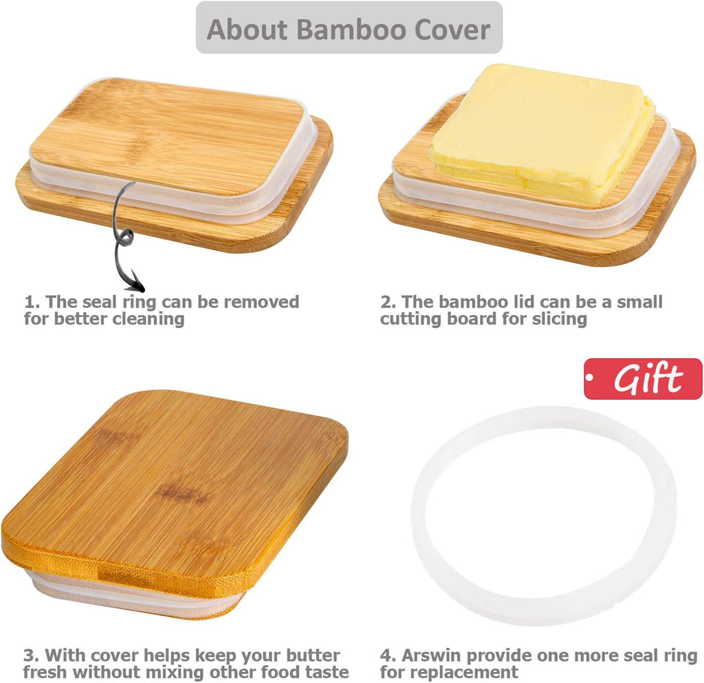Butter Dish with Lid, Porcelain Keeper with Wood Lid Cover for Butter, Microwave Safe Easy Clean Butter Storage Container for Countertop and Refrigerator (Black 10oz)