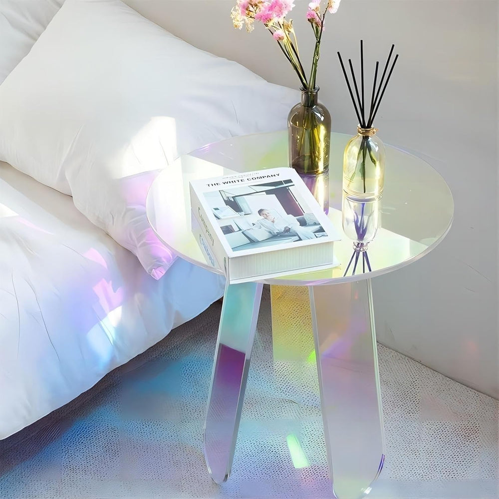 Round Acrylic Side Table Modern Rainbow Iridescent Accent Table Night Stand V...