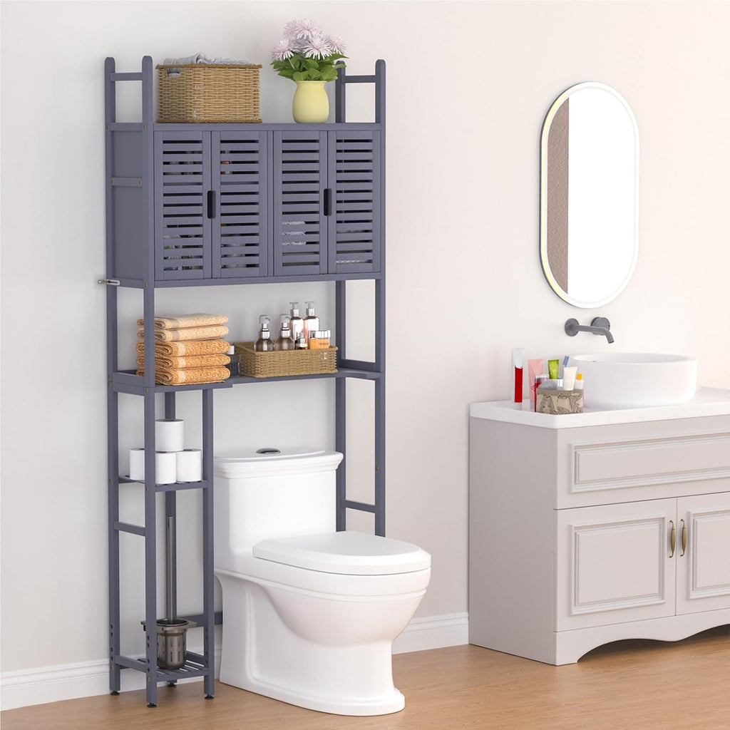 Over The Toilet Storage Cabinet with Paper Holder Stand,Bamboo Bathroom Organizer Shelf with Four Door and Waterproof Feet Pad,Space Saver Rack with Anti-Tip Design (Grey)