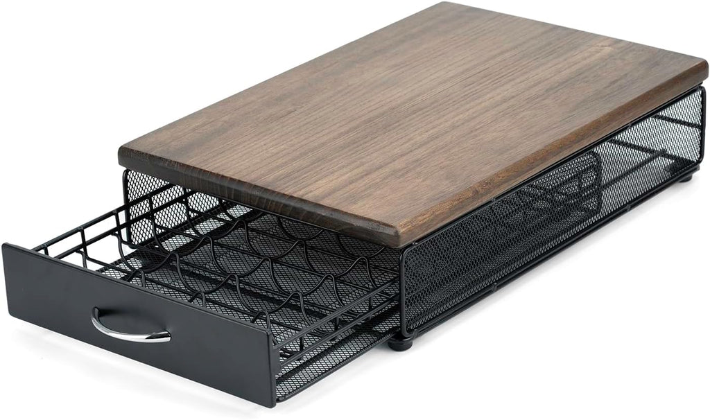 for Vertuo Coffee Capsule Storage Drawer Compatible with Nespresso Vertuoline Pods Holder Metal and Wood Top Organizer (can hold 40 Pods)