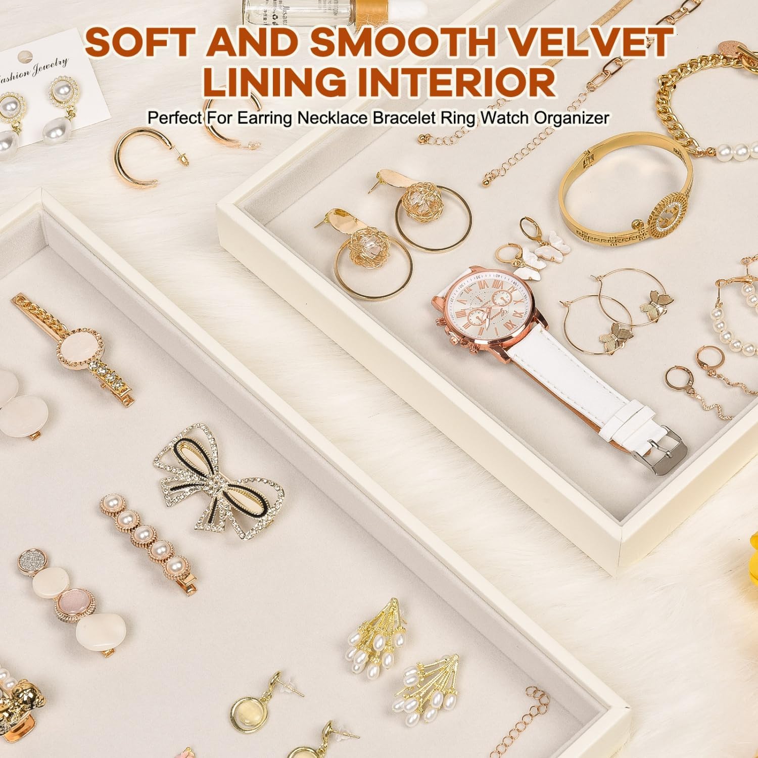 Beige Velvet Jewelry Tray for Drawers Jewelrys Display Tray Stackable Jewelry Organizer Trays for Necklace Bracelet Ring Watch (1 Pack)