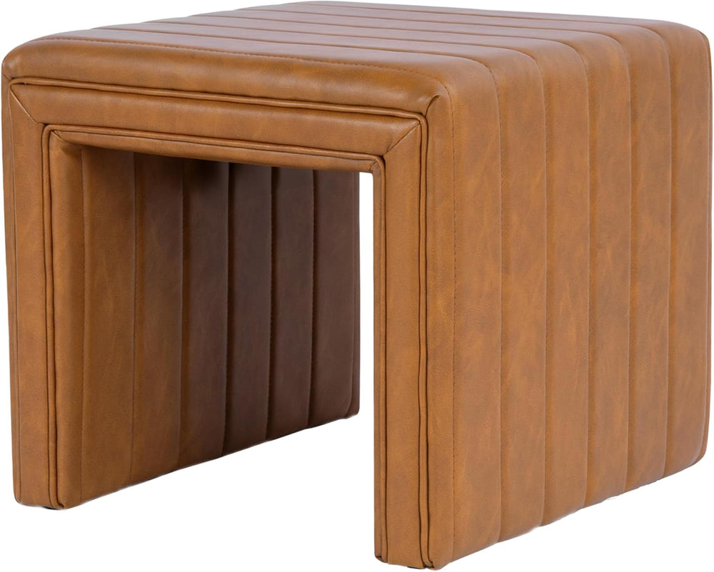 HomePop 19" Modern Channel Tufted Ottoman - Carmel Brown Faux Leather