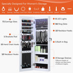 GISSAR Full Length Mirror Jewelry Cabinet, 6 LEDs Jewelry Armoire Wall Mounted Over The Door Hanging, Jewelry Organizer Display Storage Furniture with Lights Locker Mirrored Cabinet, 39.4" H, White