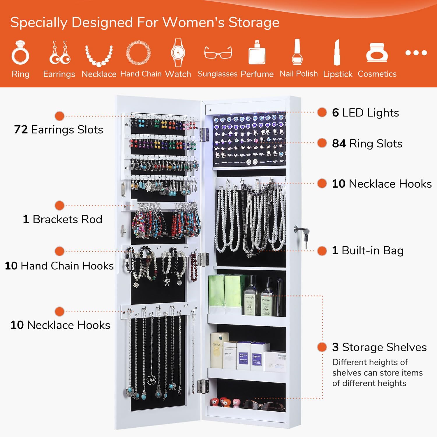 GISSAR Full Length Mirror Jewelry Cabinet, 6 LEDs Jewelry Armoire Wall Mounted Over The Door Hanging, Jewelry Organizer Display Storage Furniture with Lights Locker Mirrored Cabinet, 39.4" H, White