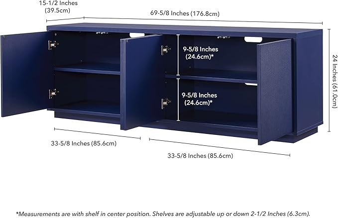Henn&Hart Fluted TV Stand for TVs up to 75" with 2 Concealed Ribbed Storage Cabinets and Adjustable Shelves for Living Room, Family Room, or Office, Navy