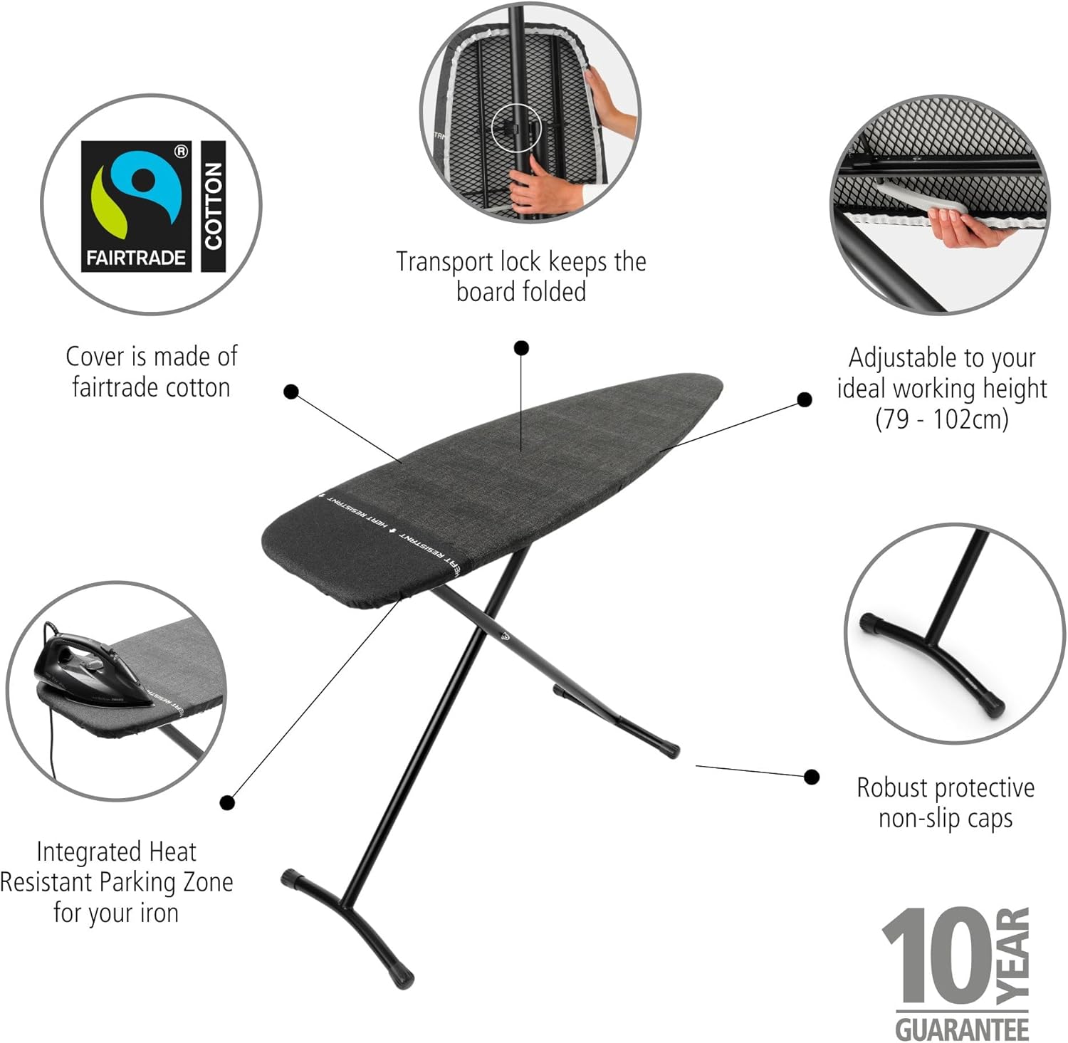 Brabantia Size D Ironing Board (53 x 18in) Heat Resistant Parking Zone, Black Frame, Non-Slip Feet, Suitable for Sit Down Ironing (Denim Black)