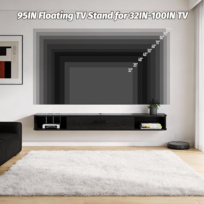 Floating TV Unit, 47'' Wall Mounted TV Cabinet, Floating Shelves with Door, Modern Entertainment Media Console Center Large Storage TV Bench for Living Room & Office (47.24IN, Black)