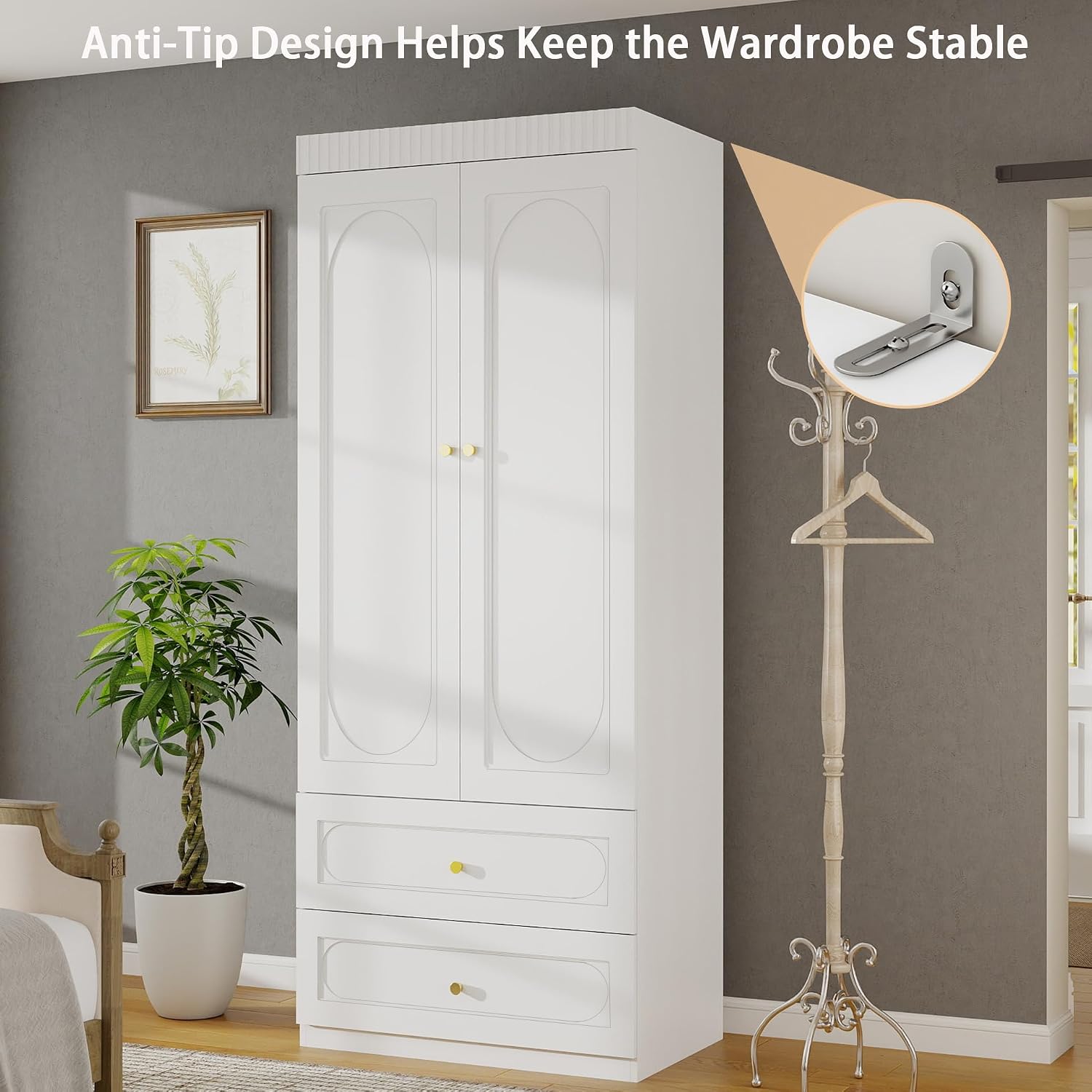 Armoire Wardrobe Closet with Drawers: 74" White Wardrobe Closet with 6 Doors, Large Armoire with 6 Drawers, Hanging Rod, Wood Closets for Bedroom