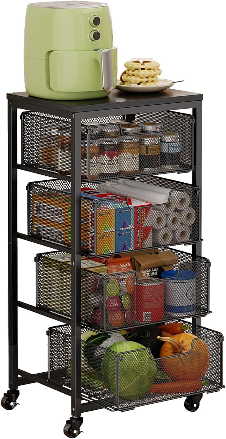 4-Tier Fruit Vegetable Storage Cart - Kitchen Organizer and Storage Cart with...