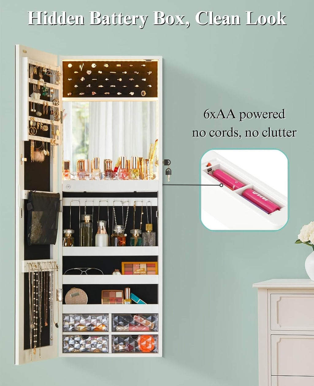 LUXFURNI LED Lights Mirror Jewelry Cabinet Wall Mounted or Door-Hanging, 42" Full Length Mirror with Storage, Built-in Makeup Mirror, Lockable Jewelry Mirror Organizer, White