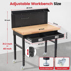Work Bench for Garage 48 Inch Heavy Duty Rubberwood Tabletop Workbench with Wheels, Pegboard, Drawers, Power Outlets Adjustable Height Work Table for Home, Office, Workshop