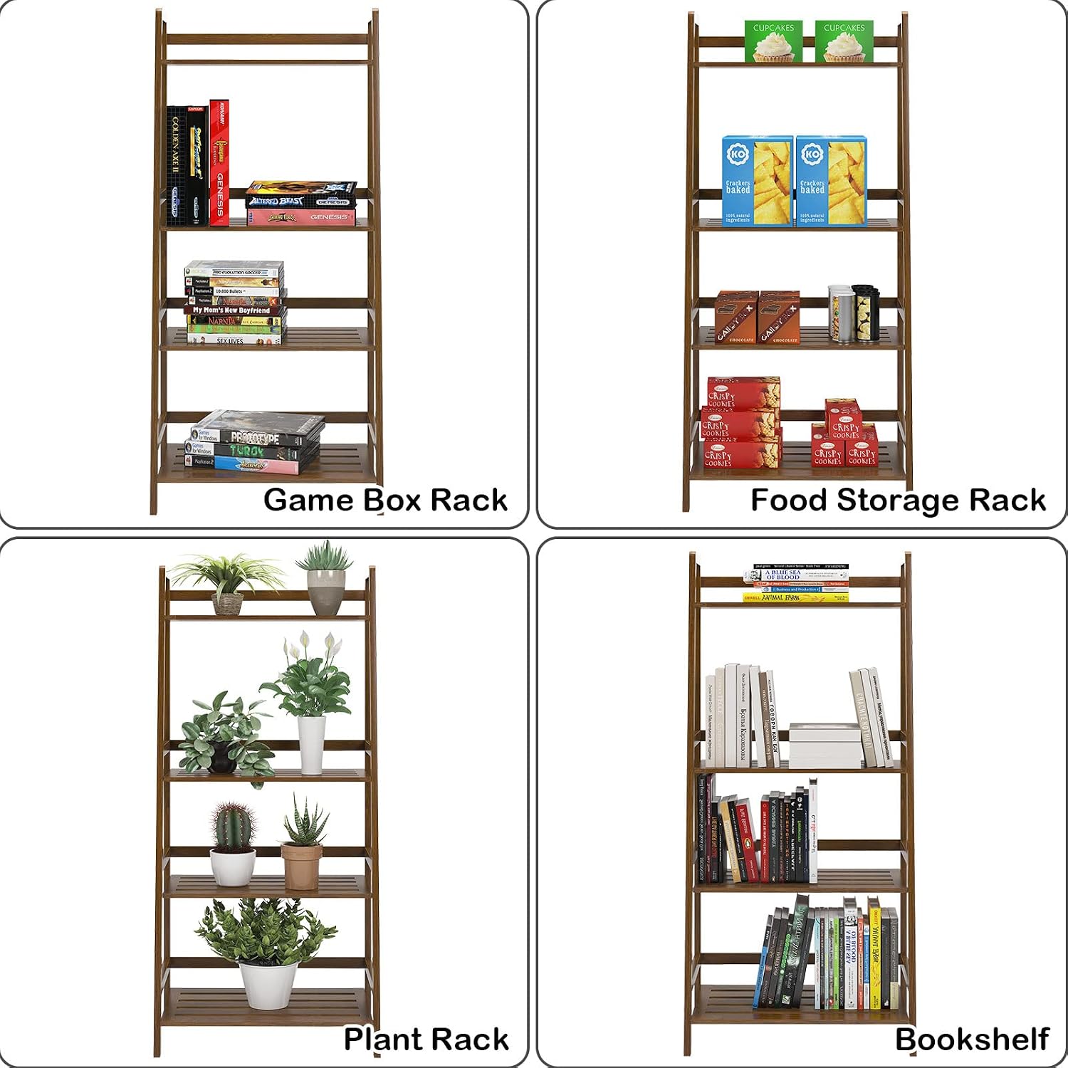 sogesfurniture, 4-Tier Bamboo Ladder Shelf, Rustic Style, Bookshelf Storage Rack, 18.9x11.8x46.5 inches, Brown
