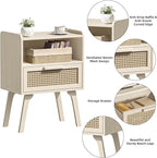 Lerliuo Rattan Nightstands Set of 2, Side Table with Drawer Open Shelf, Cane Accent Bedside End Table, Mid Century Modern Night Stand for Bedroom, Dorm and Small Spaces (Grey White)