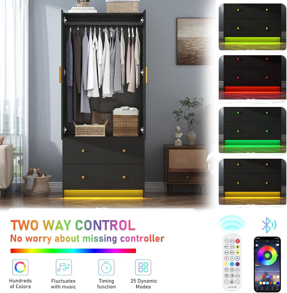 chartustriable 2 Doors Armoire Wardrobe Closet with Mirror, LED Closet with D...