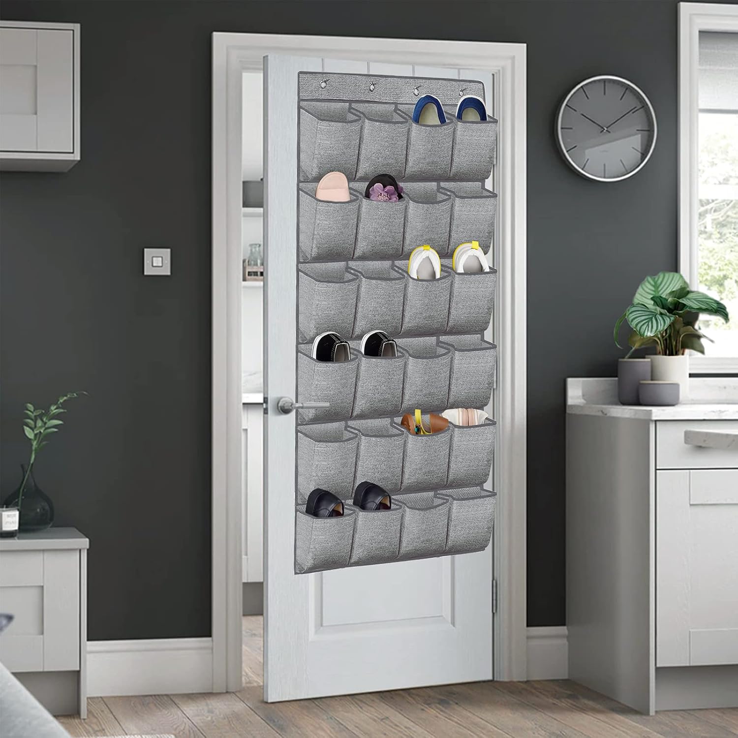 Over the Door Shoe Organizer,Hanging Shoe Rack Storage Holder with 24 Extra Large Fabric Pockets for Closet,Men Sneakers,Women High Heeled Shoes,Slippers,Grey 61.4''x22''