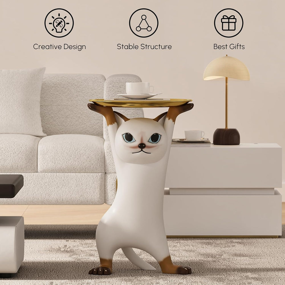 homary Cat Side Table with Gold Tray – Resin Animal Figurine End Table, Small...
