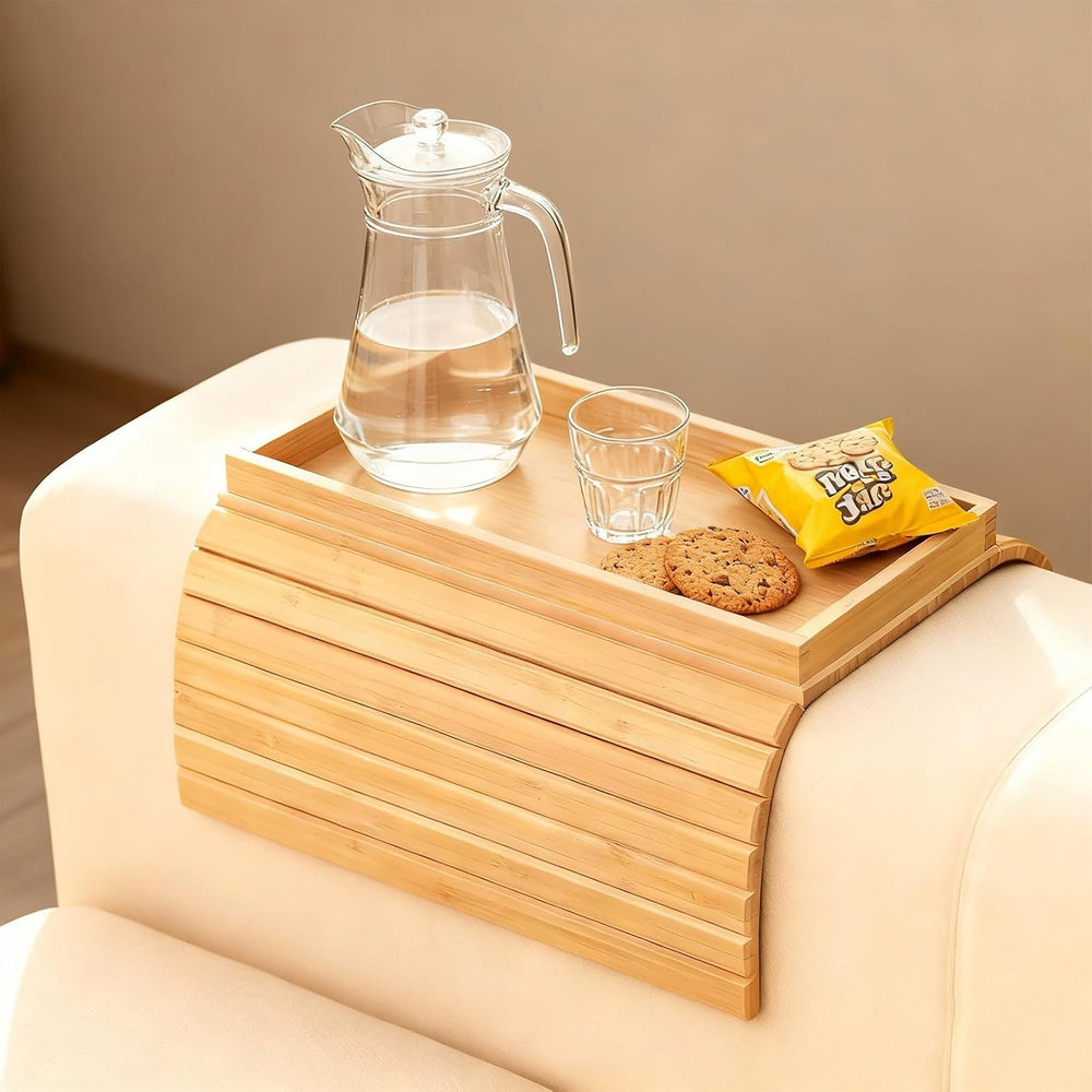 Bamboo Couch Arm Tray Table, Foldable Sofa Rest with Non-Slip Base Portable A...