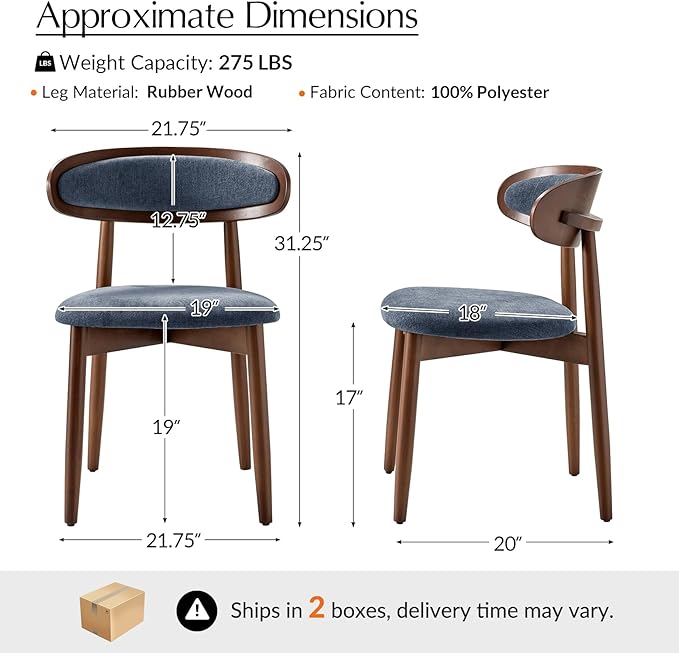 HULALA HOME Dining Chairs Set of 4 Mid-Century Modern Fabric Upholstered Dining Room Chairs Kitchen Side Chair with Open Curved Back, Walnut Rubber Wood Legs, Dinner Chairs for Living Room, Admiral