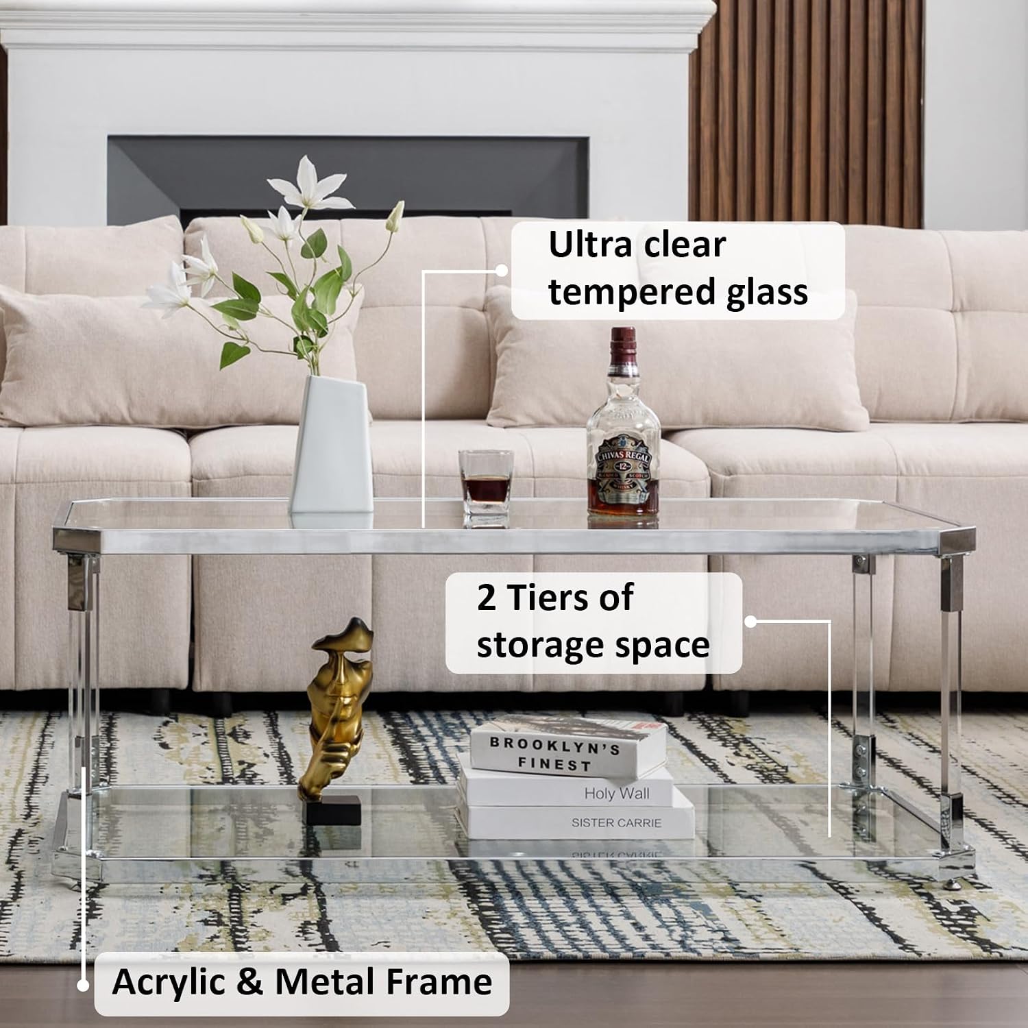 Glass Coffee Table, Clear Coffee Table with 2 Tiers, Acrylic Leg, Chrome Frame, Rectangular Center Table for Living Room (Chrome-New)