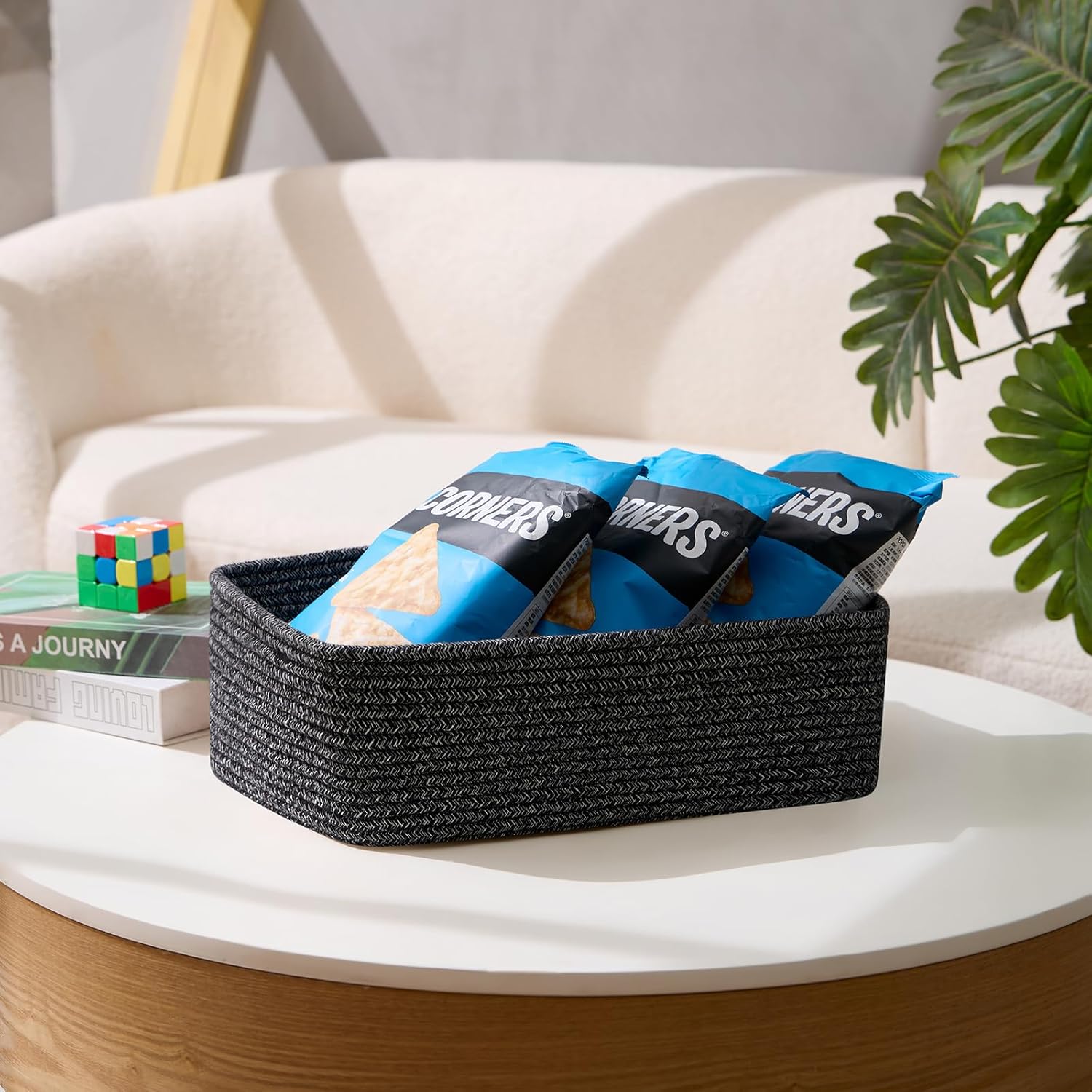 Large Shallow Organizing Baskets 15x11x5.1 Inches - Rope Woven Storage Bins for Bathroom, Shelves, Cube Closet, Mixed Black 4 Packs