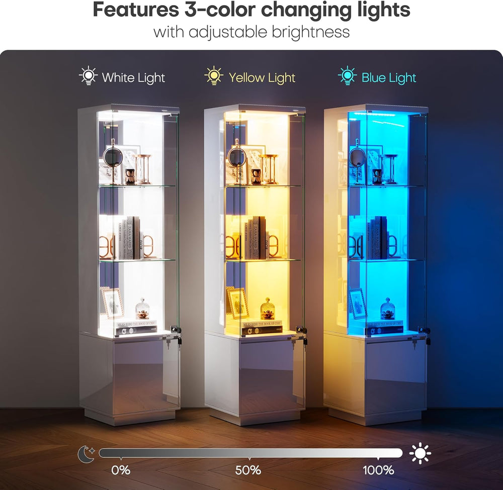 WOOVIVS 64.9" Glass Display Cabinet with Lock & 3-Color LED Lights, ...