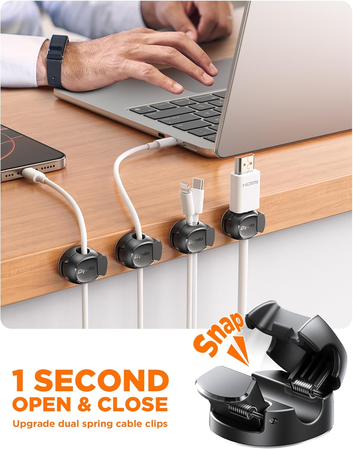 8Pack Cord Organizer [Dual Spring & Clasp, Max Secure] Cable Clips - Chfeila Cable Management, Adhesive Phone Charging Wire Holder for Nightstand/Wall, Home Office Desk Accessories Decor Essentials