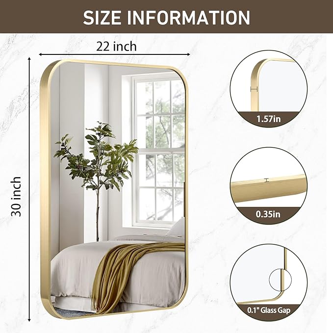 Gold Bathroom Mirror, 22x30 Inch Brushed Gold Mirror, Aluminum Alloy Framed Vanity Mirror, Rounded Rectangle Mirror for Over Sink, Anti-Rust Wall Mirror (Horizontally or Vertically)