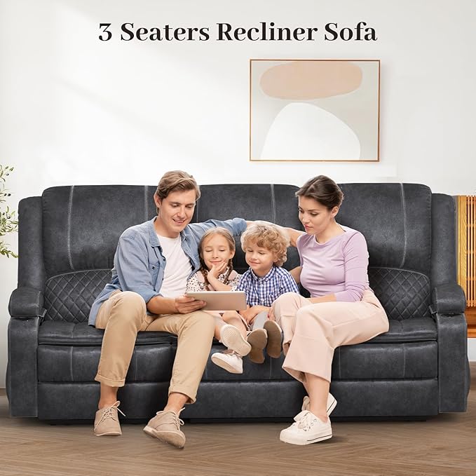 Velvet Fabric Recliner Sofa, 3 Seater Manual Reclining Sofa with 2-Tier Cushion, Reclining Couches for Living Room with Removable Console, Hidden Storage Space, Cup Holders - Grey