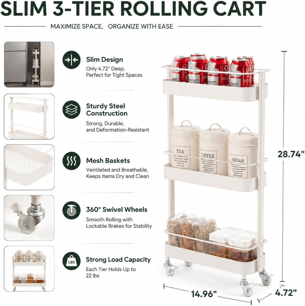 Narrow 3 Tier Rolling Cart, Slim Storage Cart for Bathroom Kitchen | 3 spacio...