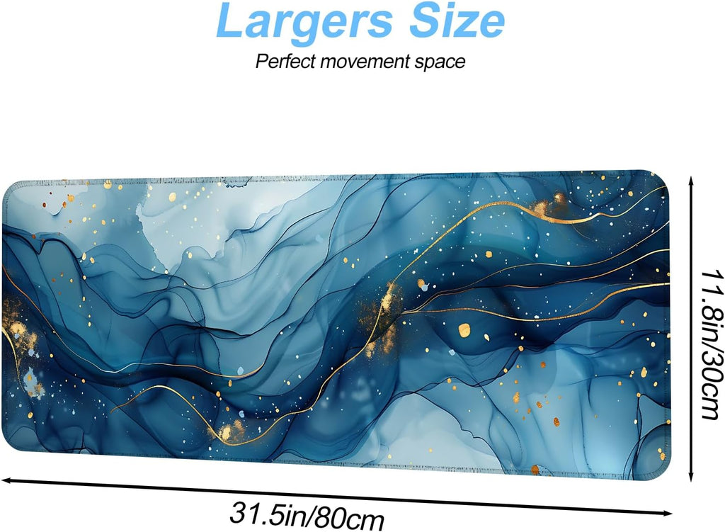 Marble Mouse Pad XXL – Large Blue Gold Marble Texture Desk Mat, Extended Non-Slip Mousepad for Office, Home, Workstation, Elegant Aesthetic Decor,31.5 x 11.8 in