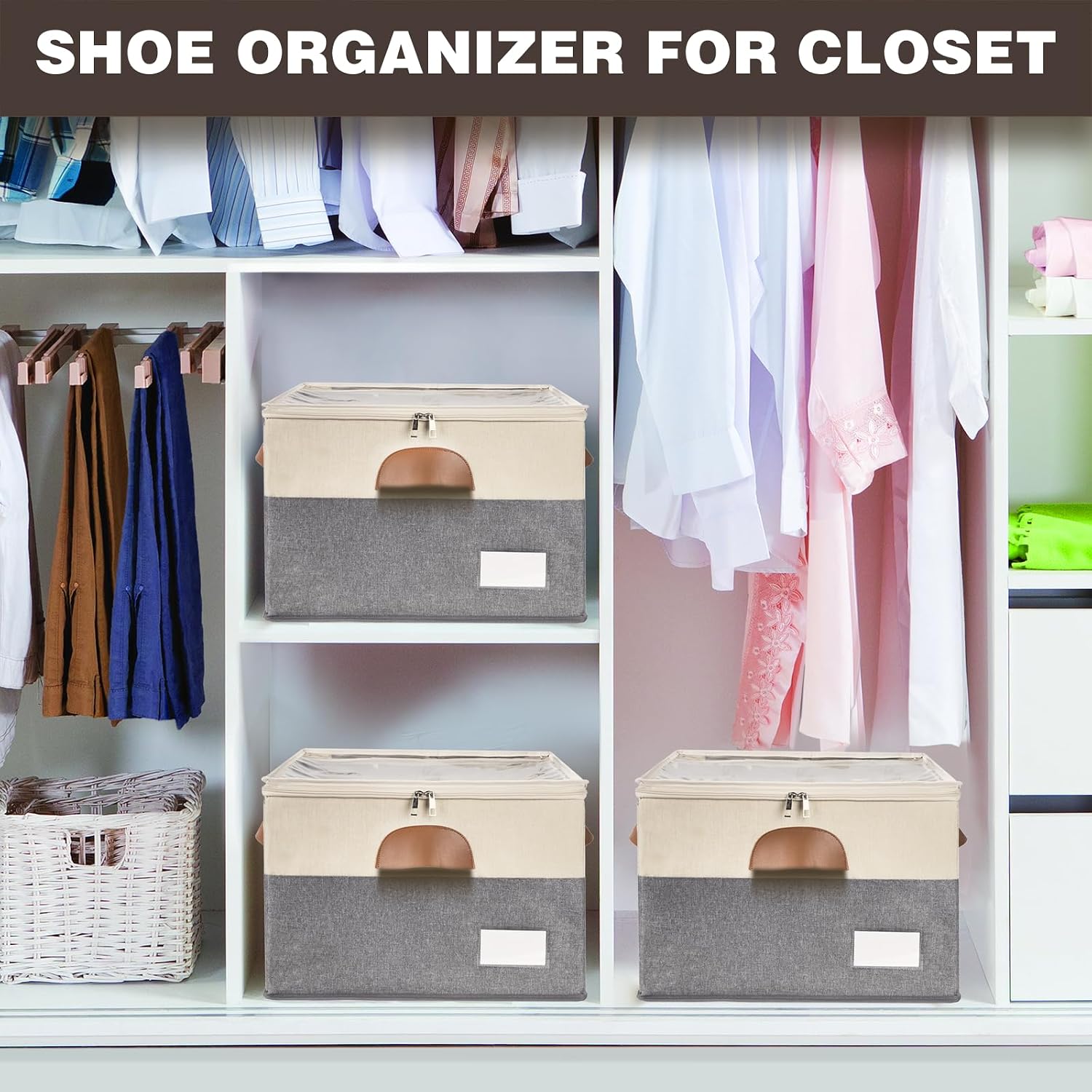 2 Pack Shoe Organizer for Closet with Adjustable Divider Shoe Storage Box | Fits 16-32 Pairs Stackable Foldable Shoe Bin with Clear Cover for Sneaker Boot Heel Sandal Dorm Space Saving Beige and Grey
