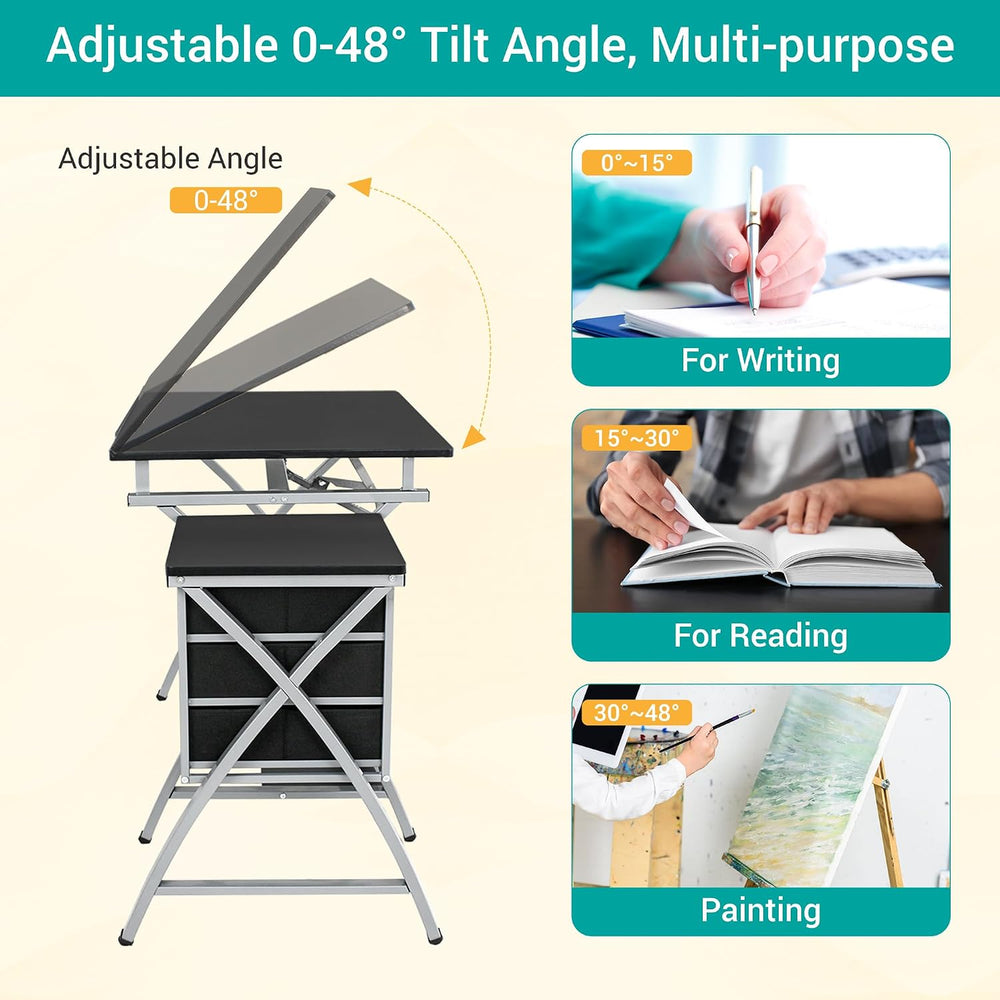 ZENY Drafting Table and Stool, Tilted Draft Table Desk w/Drawers, Artist Draw...